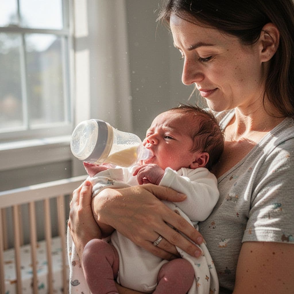 A parent gently holds a newborn baby in a sunlit nursery room.