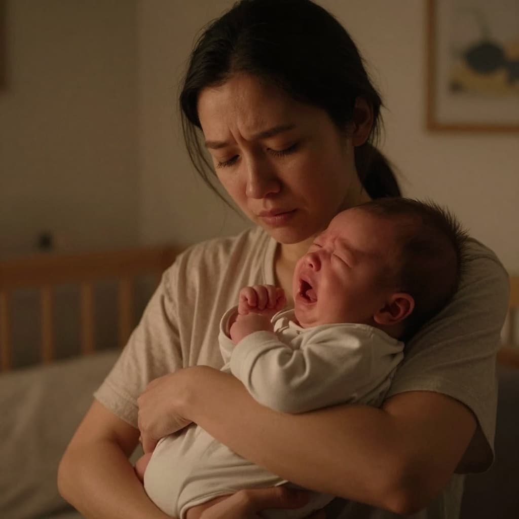 A weary parent cradles a crying, red-faced newborn in a dimly lit nursery during the evening.