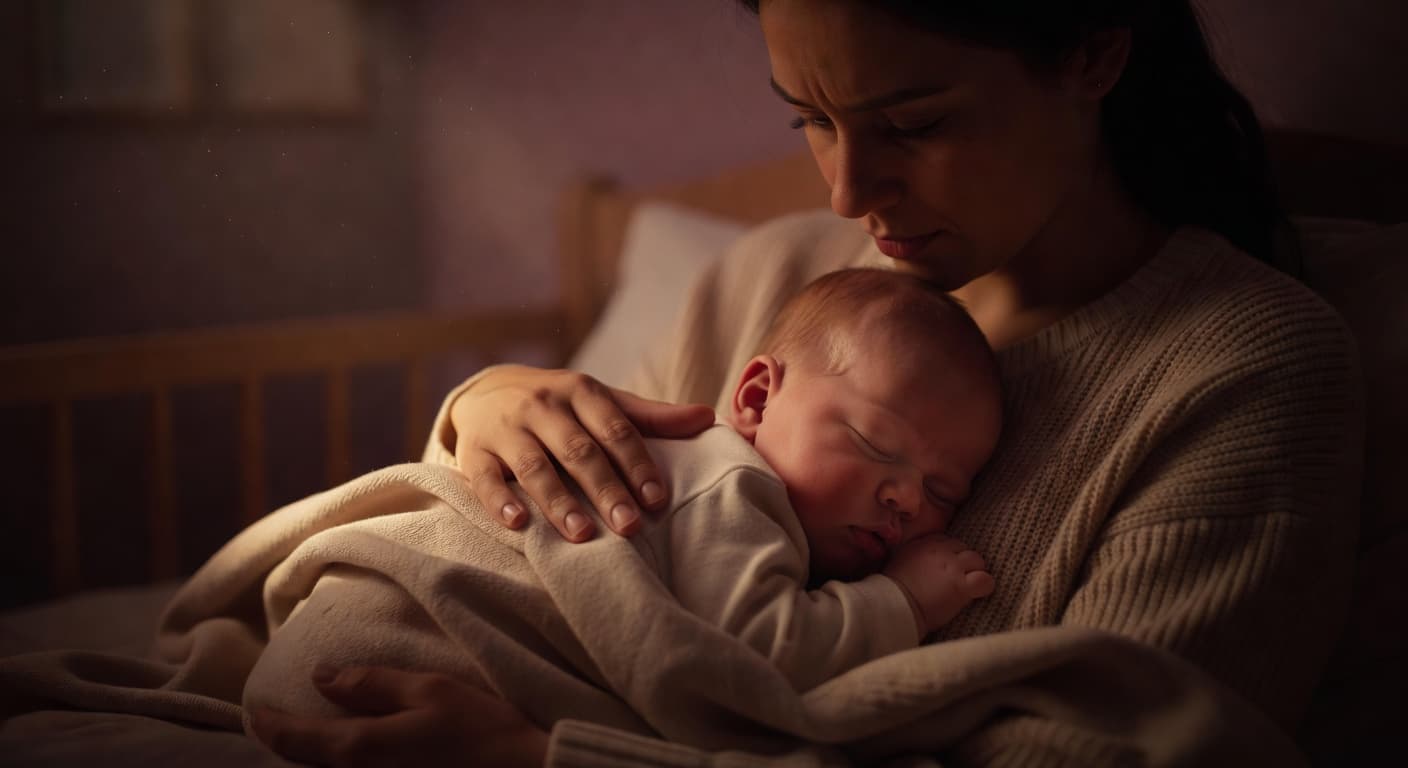 A parent cradles a small, sleeping infant within a warmly illuminated nursery. Their hand rests firmly and gently on the baby's back to provide comfort during an evening at home.
