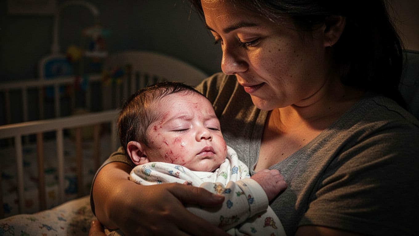 In a dim nursery, a devoted parent gently cradles their ailing baby close. Warm light illuminates their caring facial expressions, emphasizing a tender moment of support during the child's recovery.