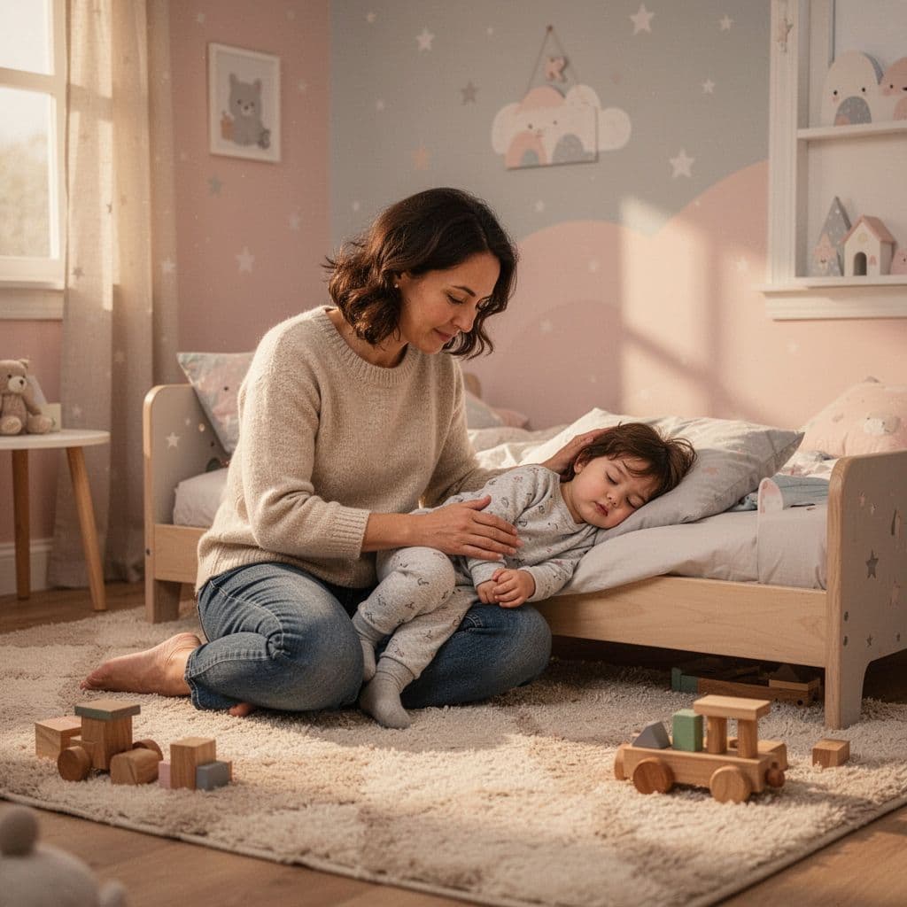 Parent sits on rug beside low toddler bed, comforting lying child in softly lit bedroom.