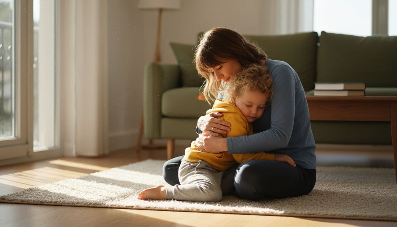 A parent sits on the living room floor, gently hugging an upset child who looks calm, bathed in warm afternoon light, realistic photo style with exactly two people, no text or logos.
