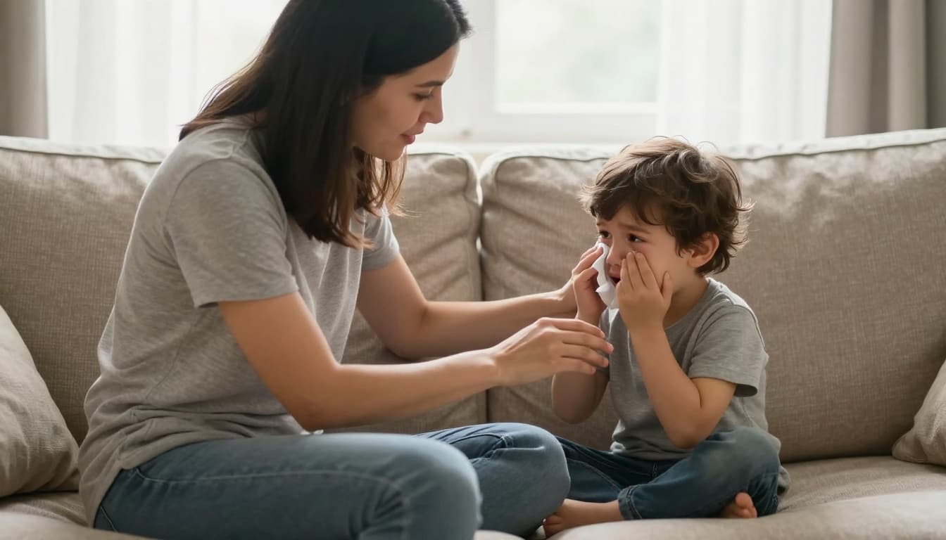 Parent sits close to young child on couch, hand on back as child wipes tears looking up relieved.