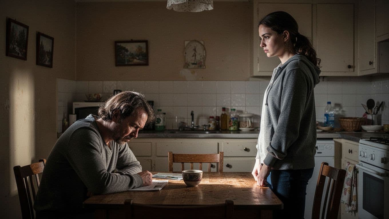 A weary mother sits at a wooden kitchen table, gesturing toward her adult son who stands with his back turned. Dramatic shadows contrast against the home interior, highlighting their emotional distance.