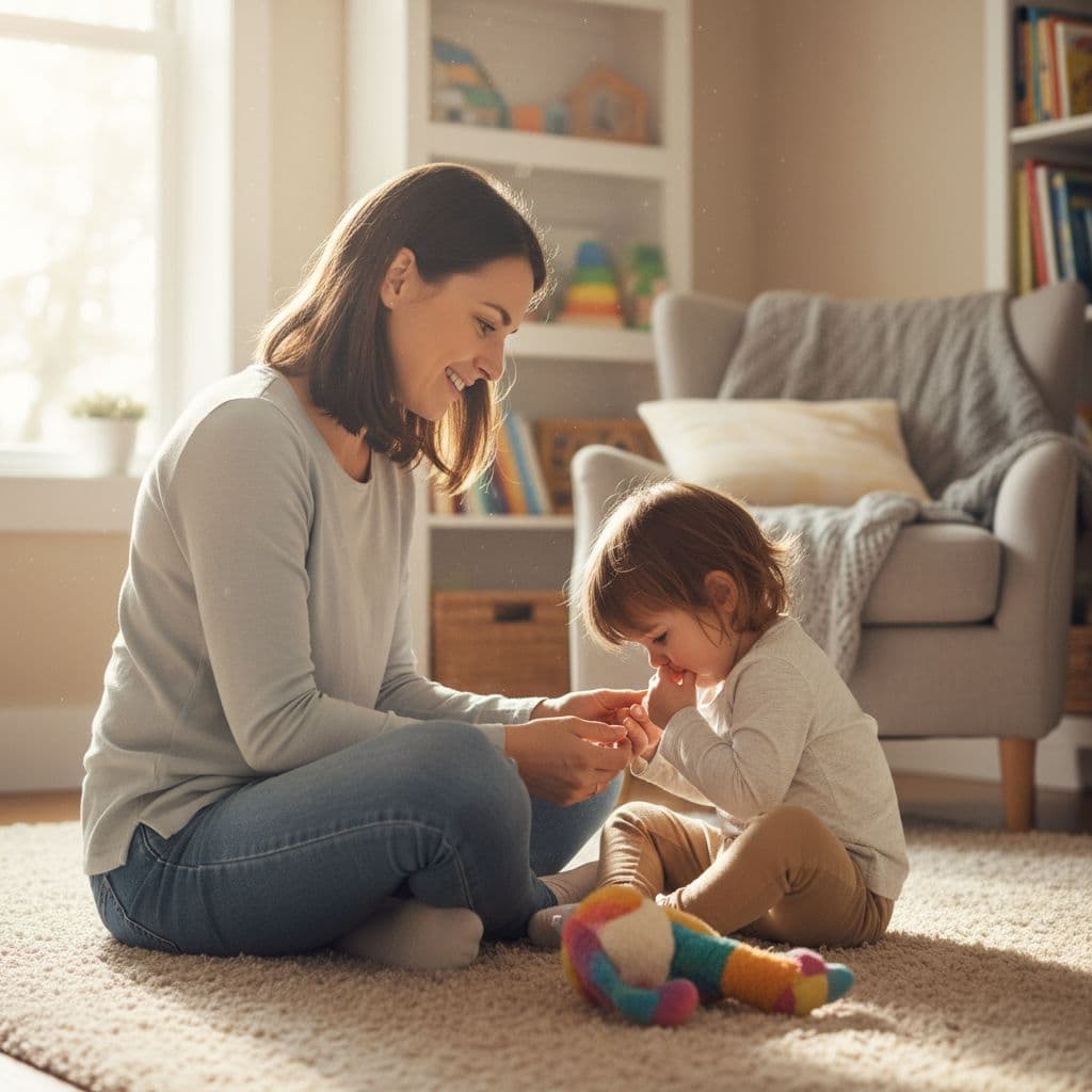 A mother sits on the floor at eye level with her toddler in a calm indoor setting.