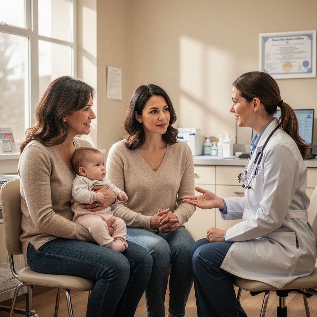 A parent holds their infant while having a supportive conversation with a pediatrician in a clinic office.