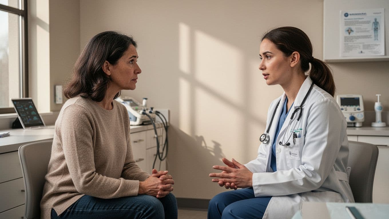A concerned parent speaks calmly with a pediatrician in a professional office.