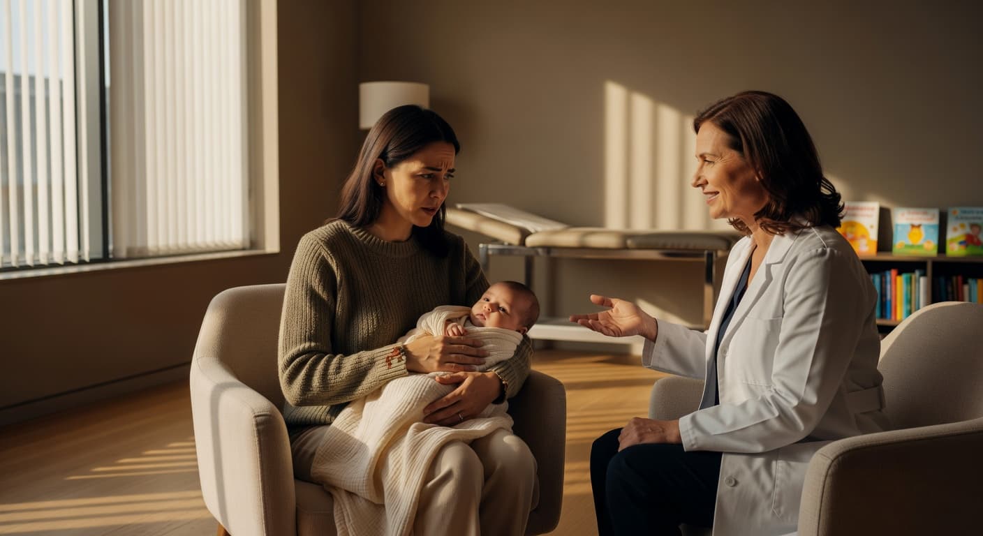 A parent cradles their infant on their lap while talking to a doctor in a soft-lit office. The warm environment creates a calm space for discussing essential baby nutrition and health.