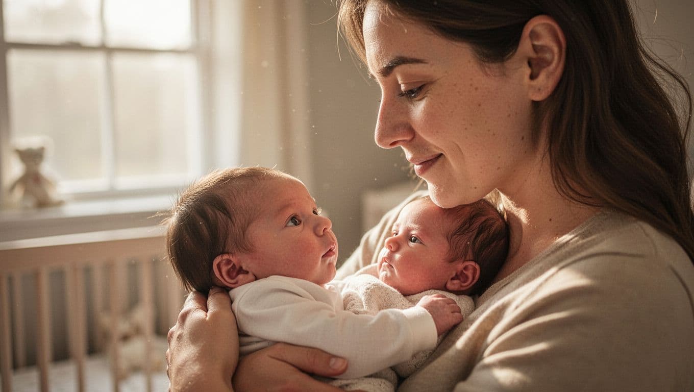 Smiling parent cradles wide-eyed newborn in nursery, sharing eye contact.