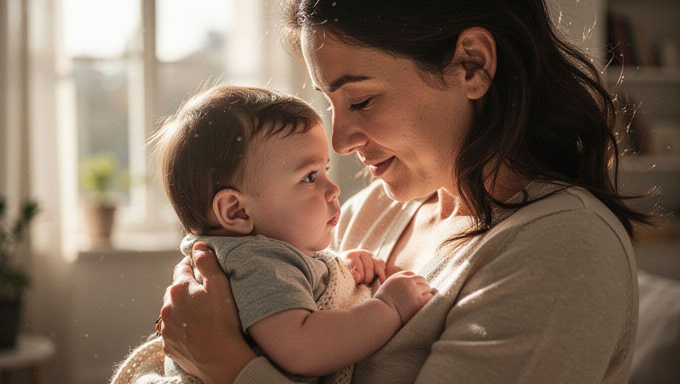 A close-up view captures a parent gently holding their infant son against a soft-focus backdrop. Golden sunlight illuminates their faces, emphasizing the tender bond and emotional connection during this quiet moment.