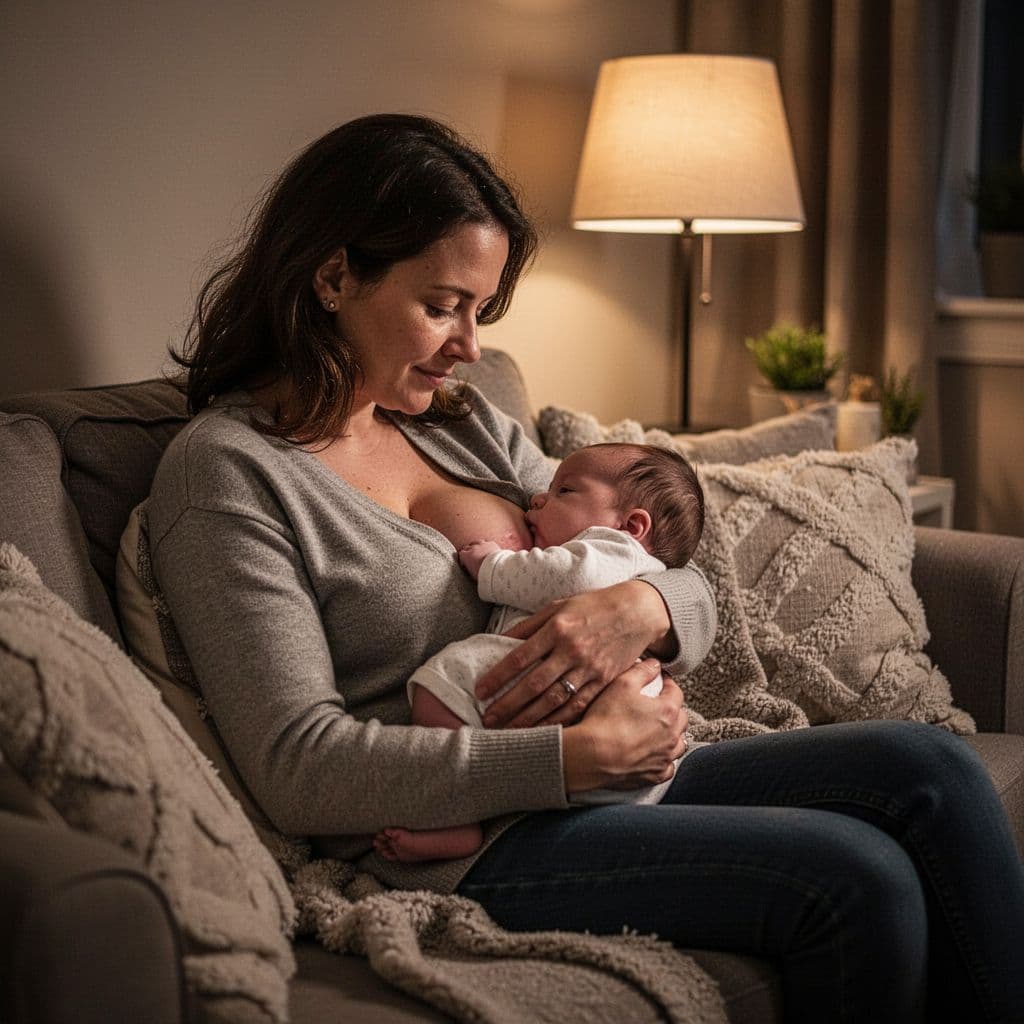 A parent gently holds and feeds their baby in a cozy, softly lit living room corner.