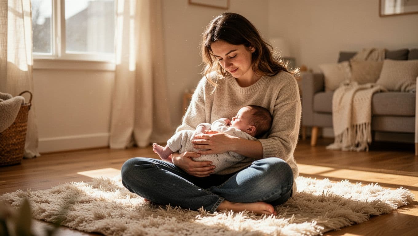 A young parent sits on a plush rug in a sunlit room, cradling their infant on their lap. Soft golden light glows across their faces, highlighting a calm, peaceful emotional bond.