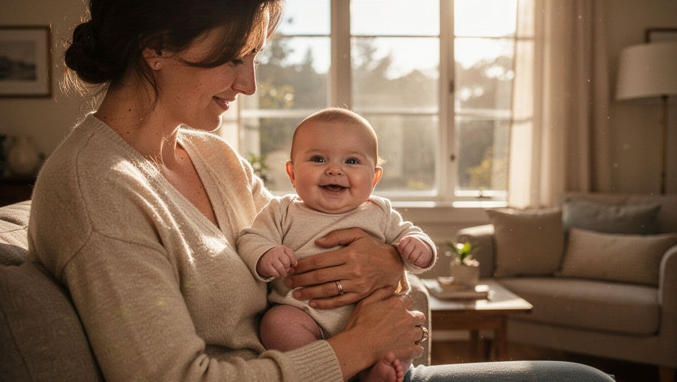 A parent gently cradles a happy infant in a brightly lit living room. Warm golden morning sunlight spills through the large window, highlighting the soft fabric of their cozy clothes.