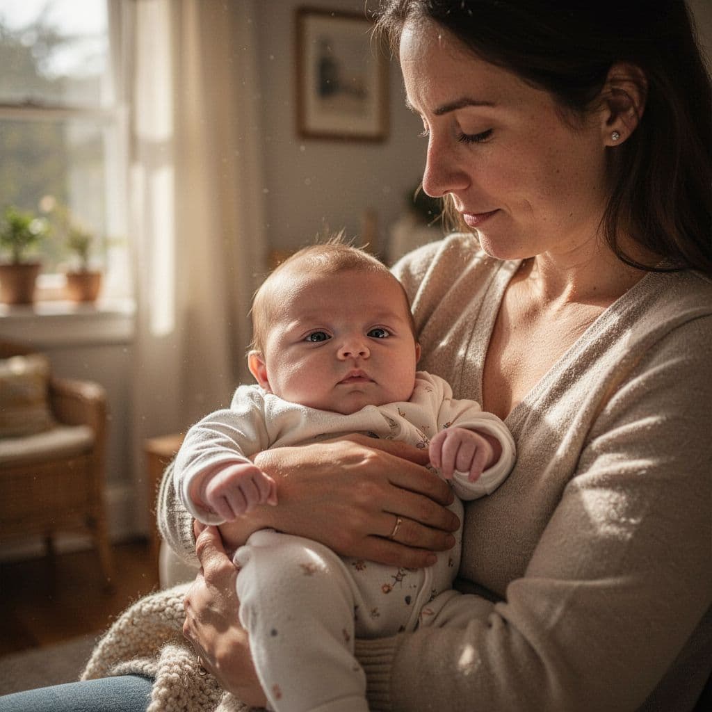 A loving parent cradles a small infant against their chest within a softly lit room. The warm golden light illuminates the baby's gentle expression while creating high contrast against the cozy background.