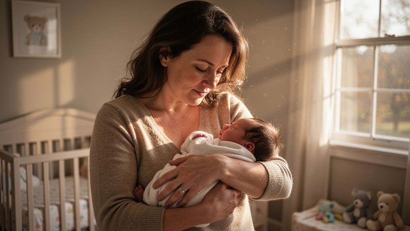 A loving parent cradles a tiny infant close to their chest inside a sun-drenched nursery. Warm golden light fills the room as the parent leans in to whisper gently to the child.