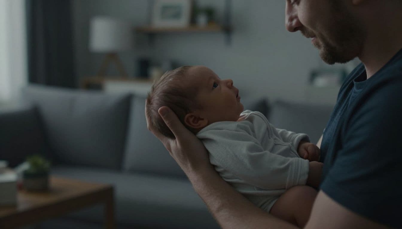 A close-up view shows a parent cradling their newborn infant against their chest in a softly lit living room. The warm environment highlights the emotional bond and peaceful connection between them.