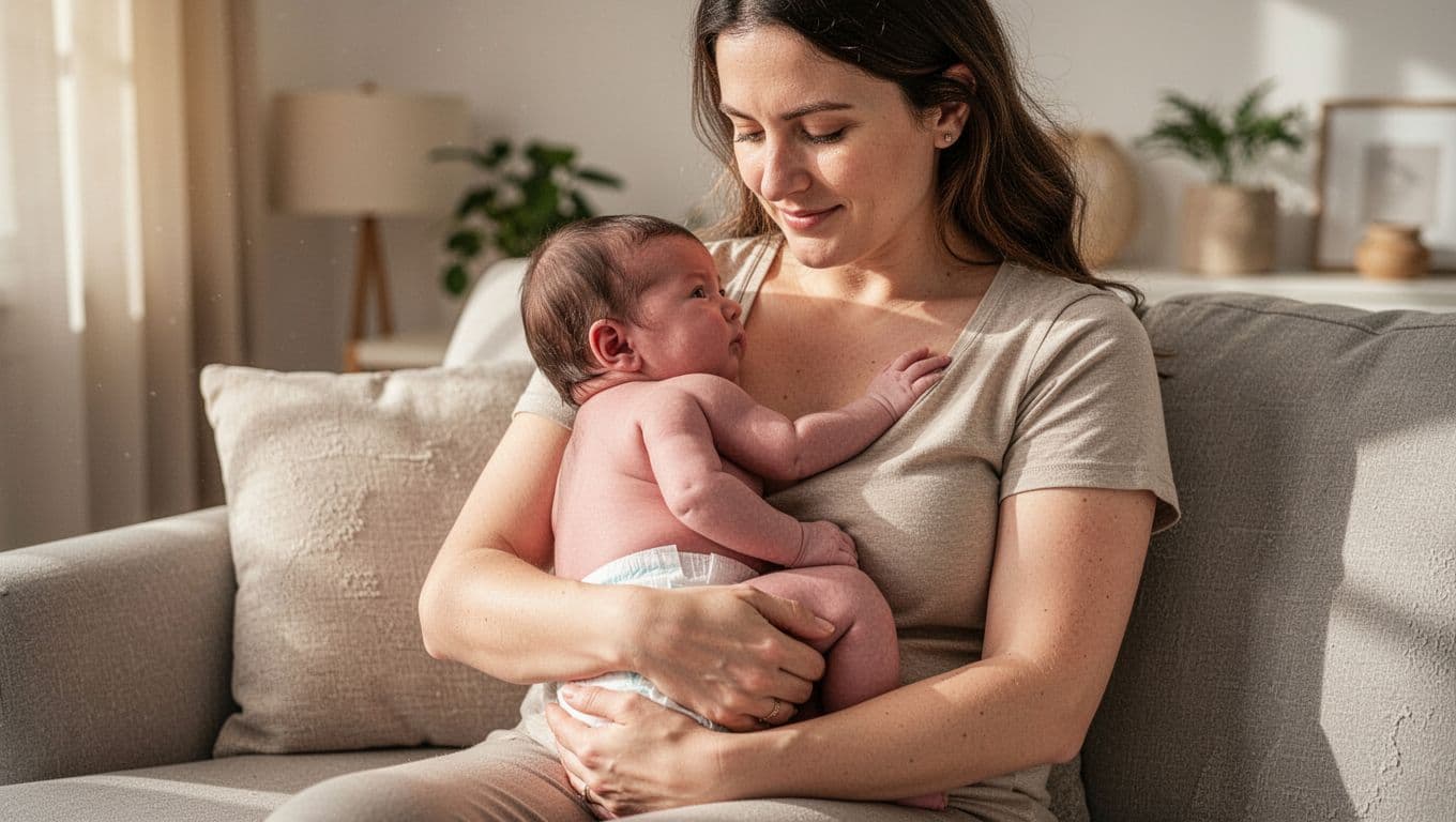Calm parent holds diapered newborn upright against bare chest in cozy home with soft lighting.