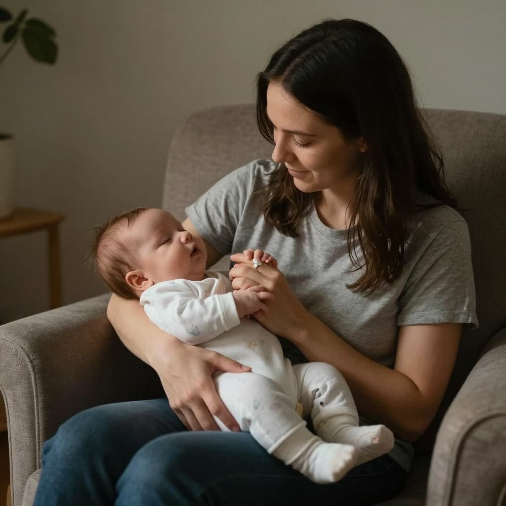 Parent sits in comfortable chair cradling peaceful baby in dimly lit room with warm soft lighting.