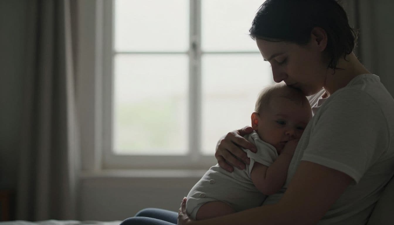 A parent gently holds a newborn against their chest within a softly lit room. Golden sunlight streams across their embrace, highlighting the peaceful expressions and the quiet connection between them.