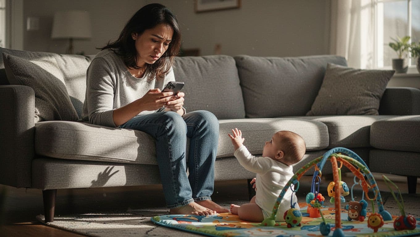 A parent sits on a plush couch focused intently on a smartphone screen, while a curious infant sits on a colorful floor playmat reaching upward with outstretched arms toward the adult.