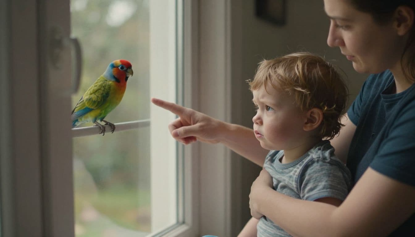 A parent gestures toward a vibrant bird perched outside the window to comfort a distressed toddler in a sunlit living room. Warm light illuminates their emotional connection during the quiet moment.
