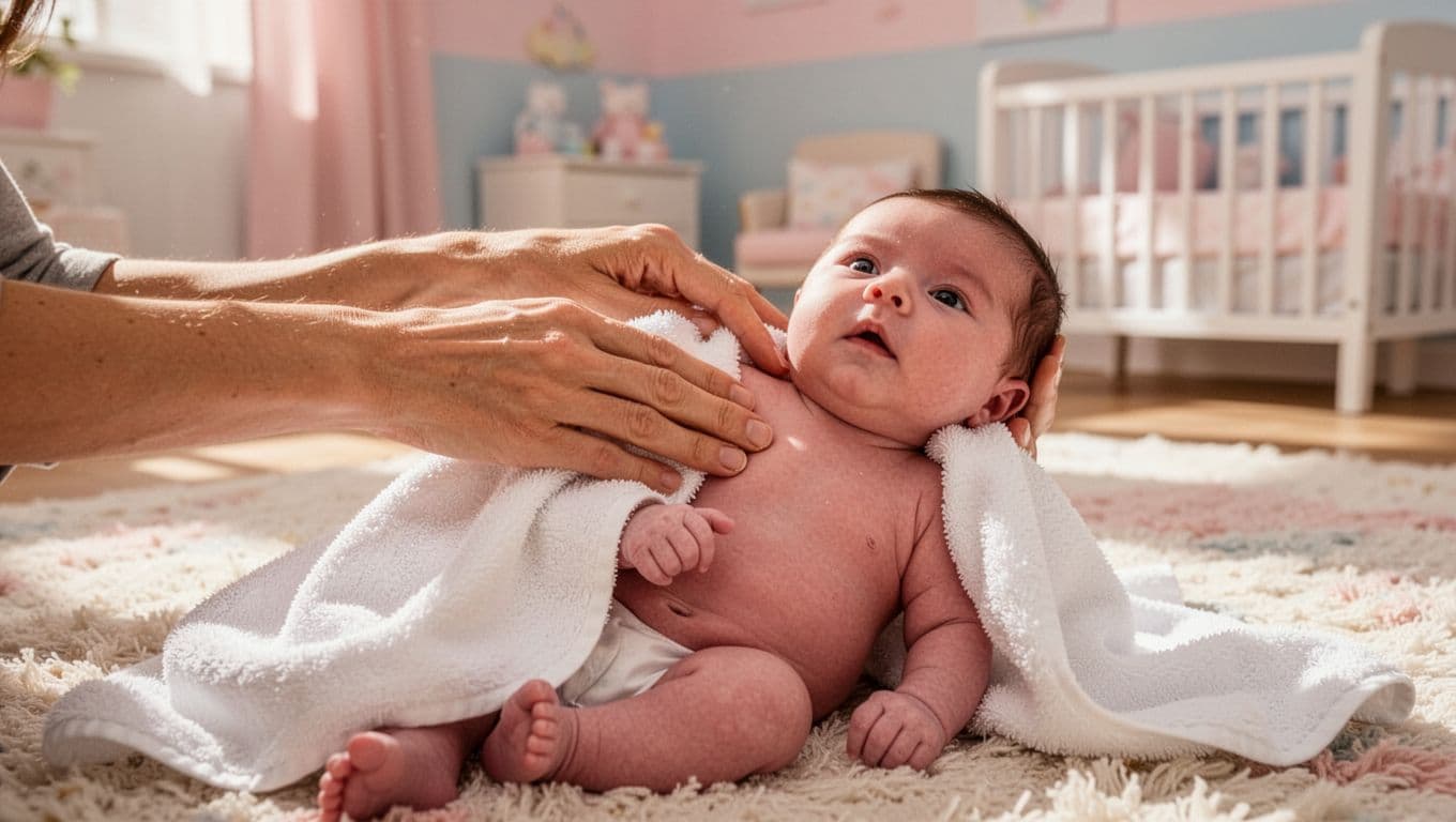 Parent pats newborn's neck and skin folds dry with white towel in nursery.