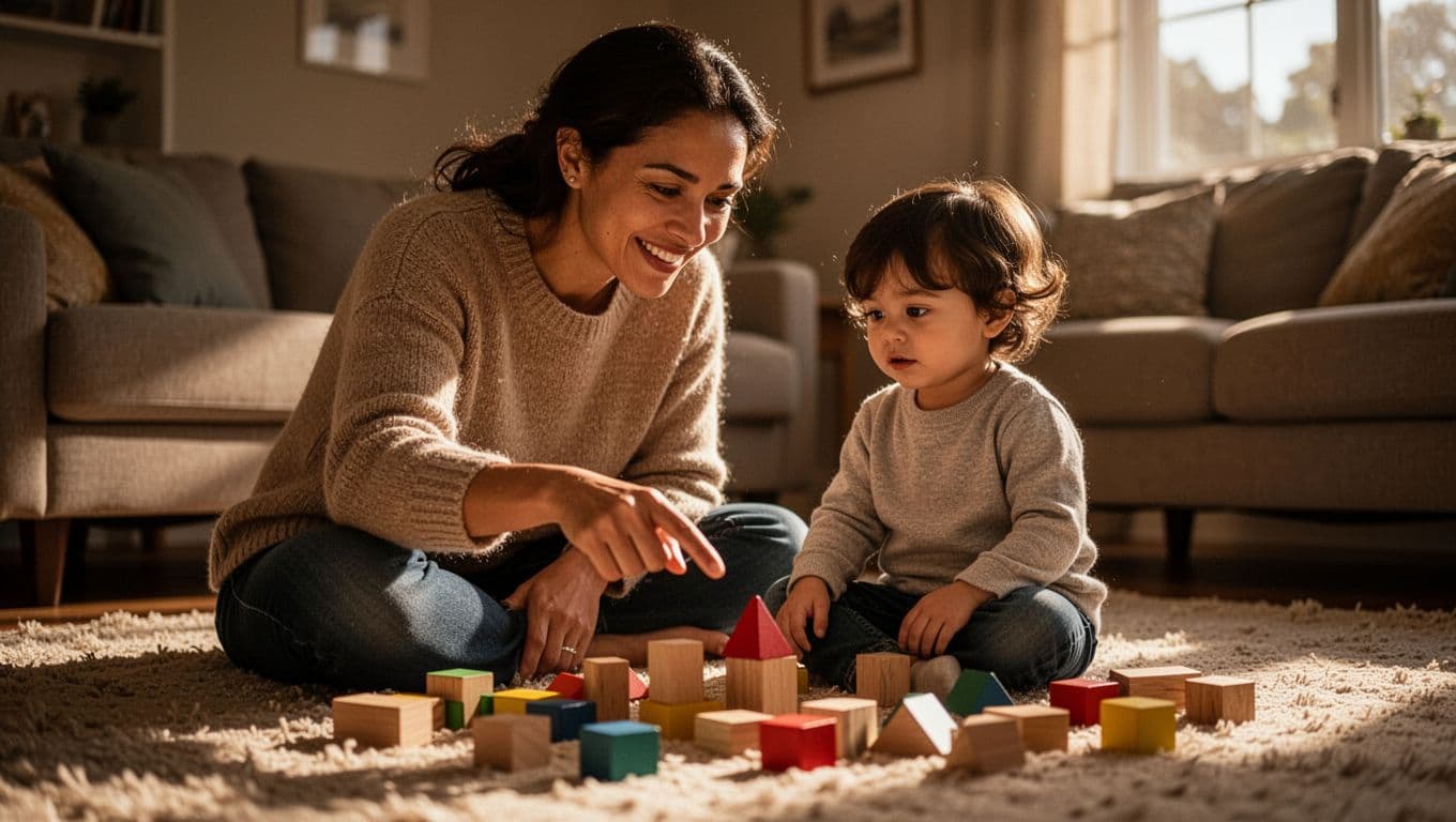 A smiling parent sits on a carpeted floor, pointing toward colorful plastic building blocks scattered before a young child. Warm, glowing light highlights their shared focus during this quiet learning moment.
