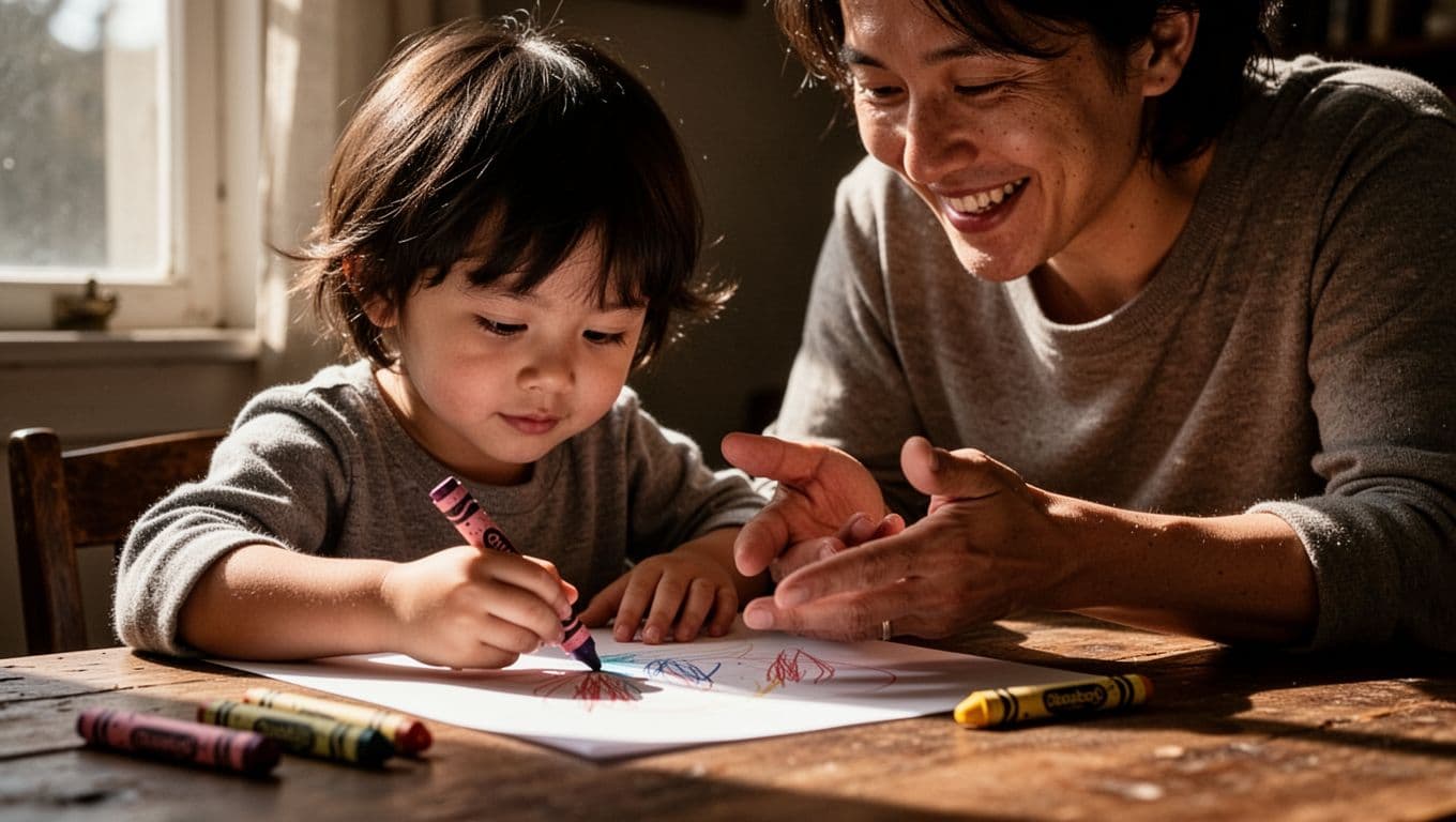 A smiling parent sits beside their young child at a wooden table, watching as the child carefully draws with colorful crayons. The warm, dramatic lighting highlights their focused, joyful interaction.