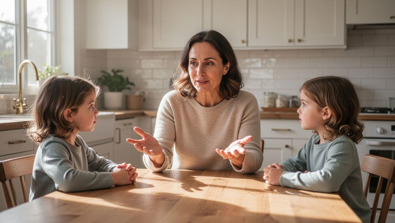 Parent sits at kitchen table with two young children, gesturing openly with gentle expression in morning light.