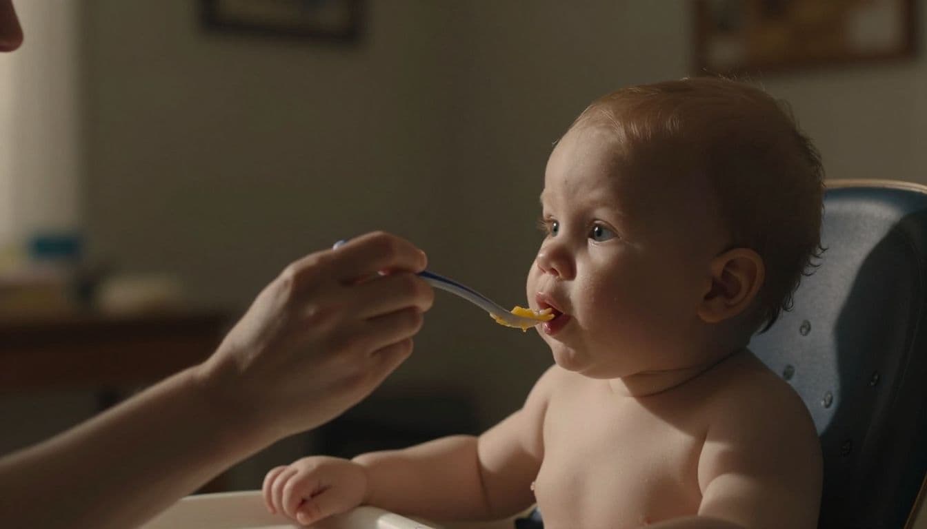 A focused parent gently guides a small spoon toward a baby in a warm, dimly lit room. The soft lighting emphasizes their nurturing connection while highlighting the gentle, deliberate feeding technique used.