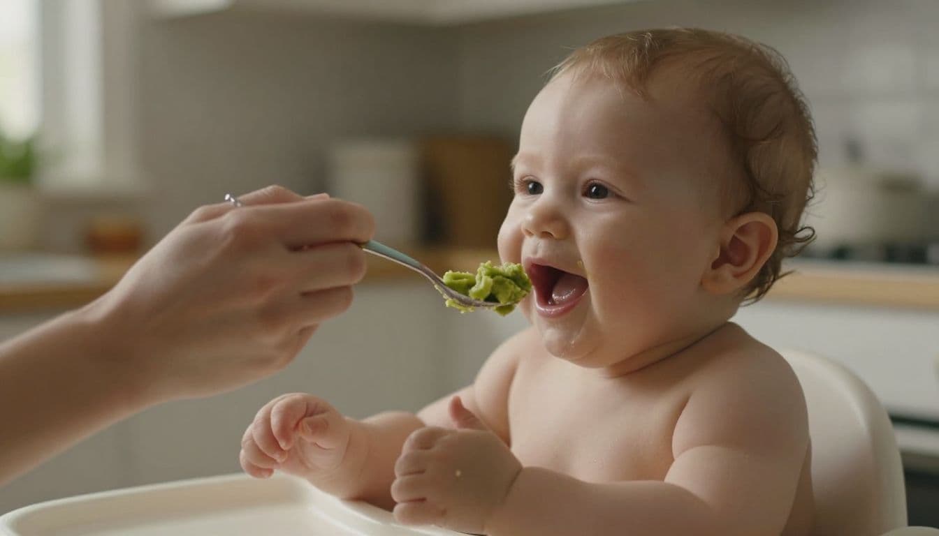 A close-up view features an adult hand carefully guiding a silver spoon with green mashed avocado toward a smiling infant. The warm kitchen background creates a soft, nurturing atmosphere for feeding.