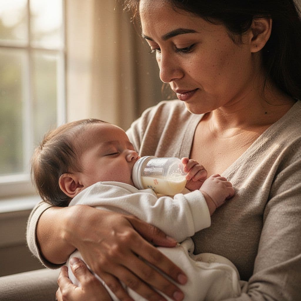A parent holds a relaxed baby with a calm and attentive expression in soft natural light.