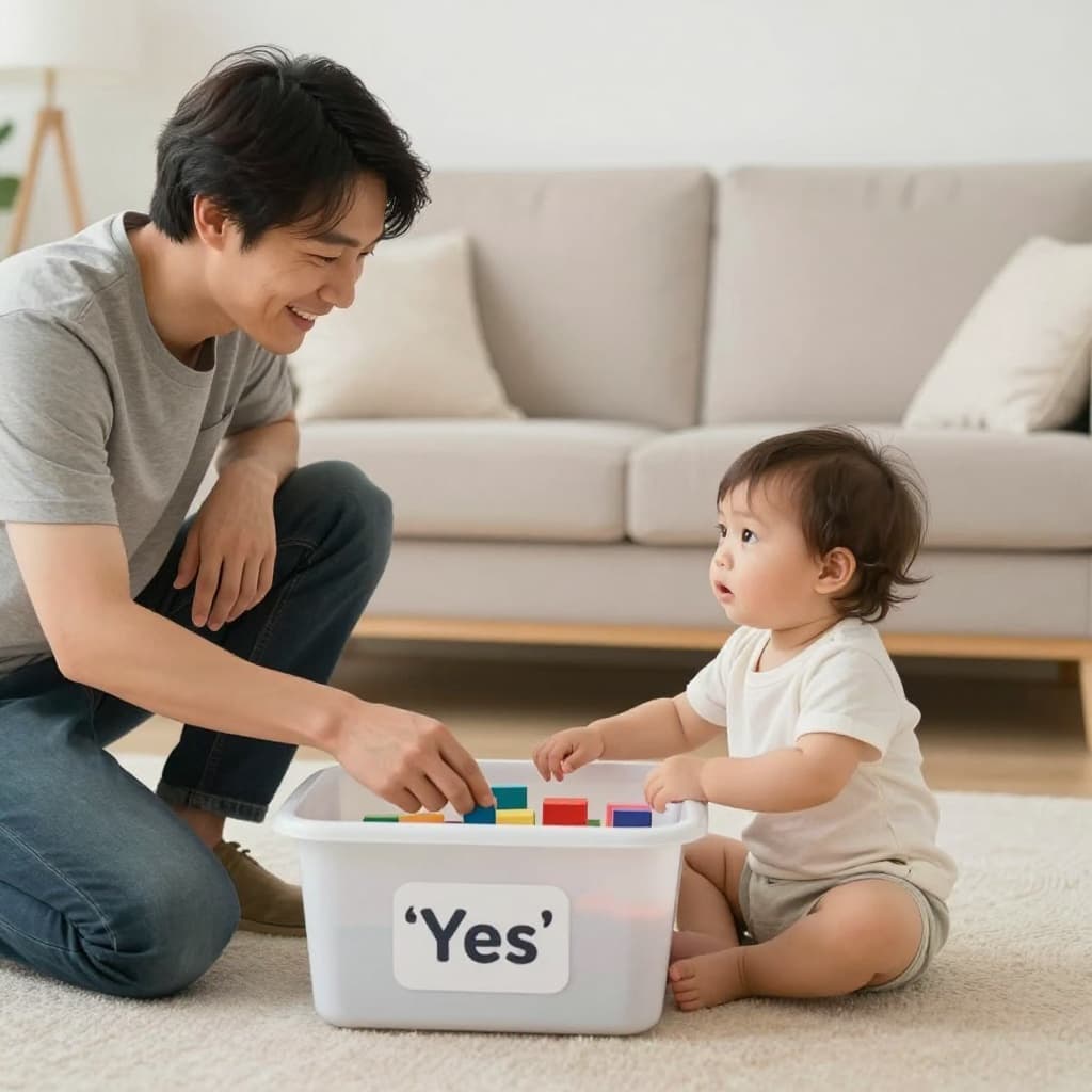 Smiling parent crouches at eye level with toddler, gesturing to toy bin in bright living room.