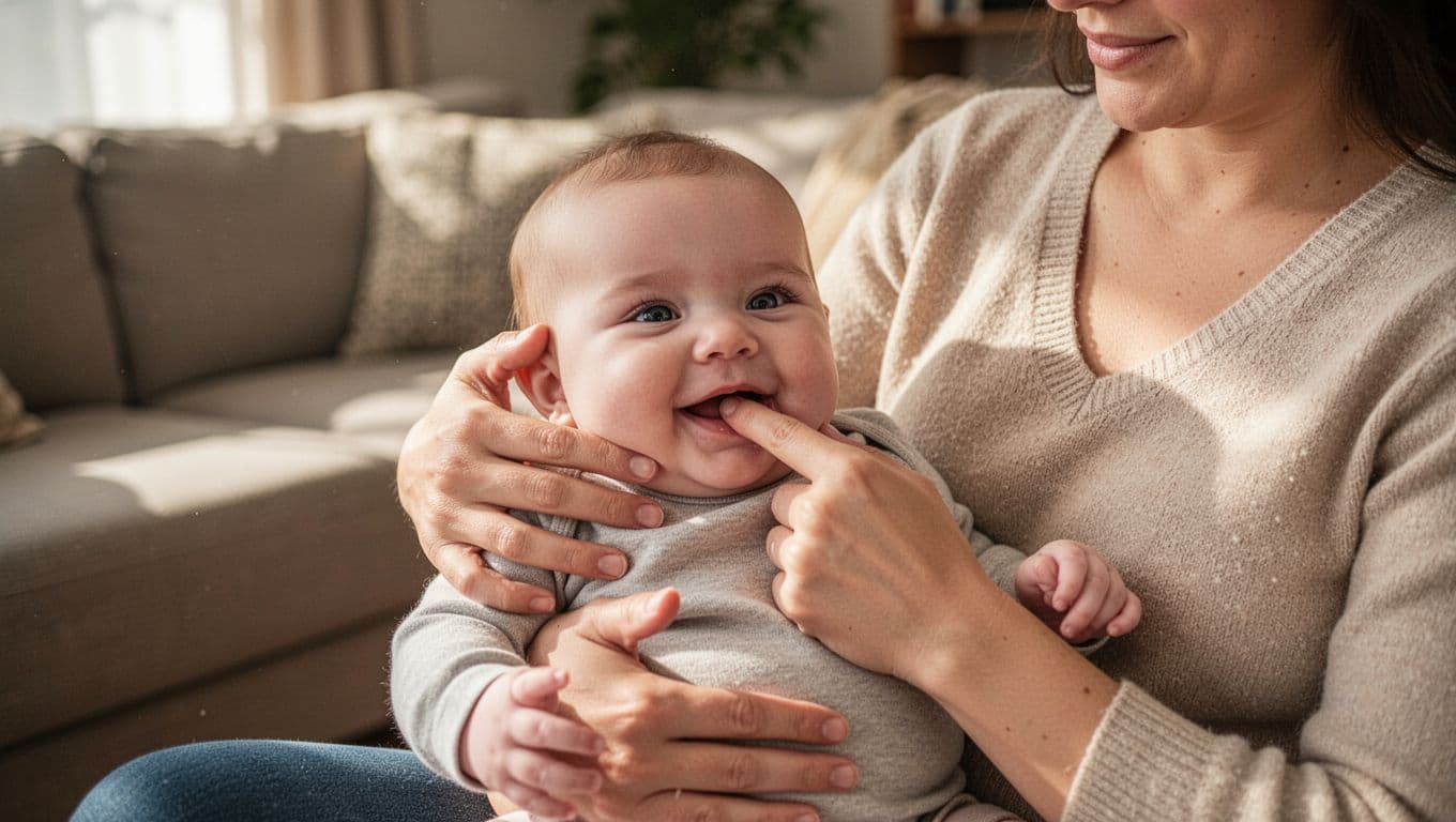 Parent cradles 6-month-old baby in cozy living room, gently massaging swollen gums with finger as baby smiles.