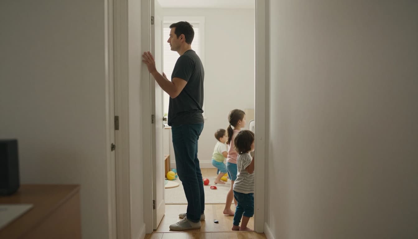 Parent grips doorframe in hallway, calmly looking back at two children playing in living room.