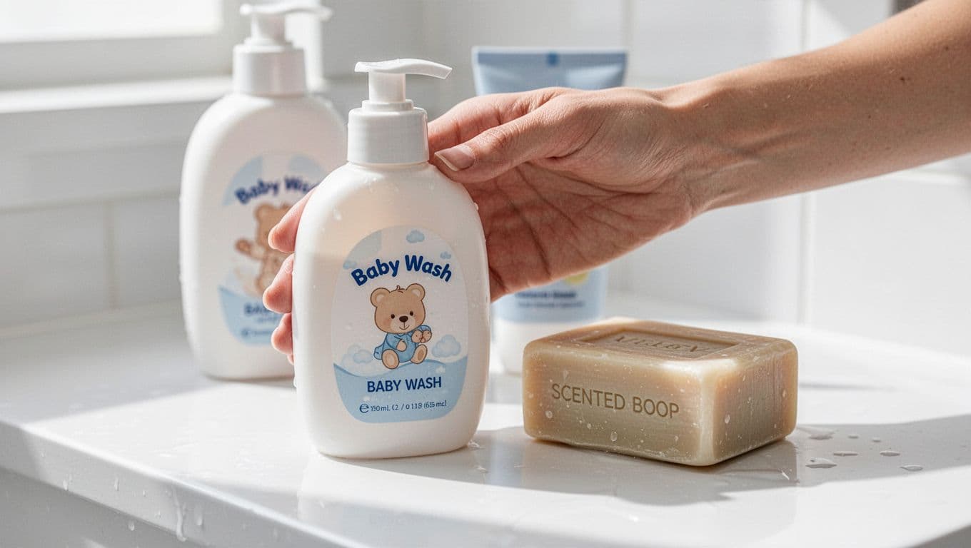 Parent's hand holds baby wash bottle next to scented soap bar on bathroom counter.