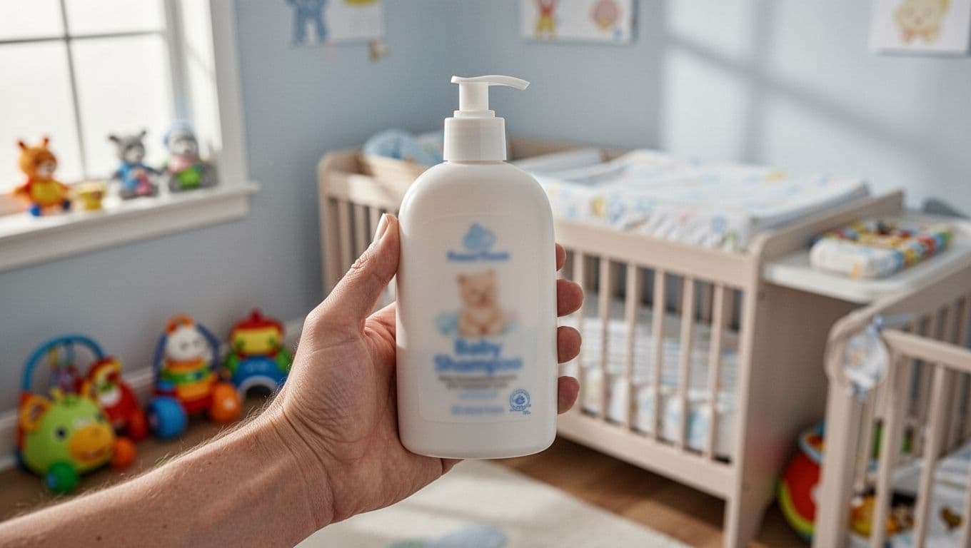 Hand holds fragrance-free baby shampoo bottle, closely viewing blurred ingredients label in bright nursery with toys and changing table.