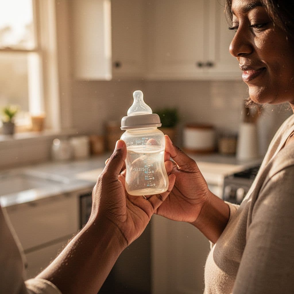 Close-up of parent's hand gently holding baby bottle in warm-toned kitchen with blurred background.