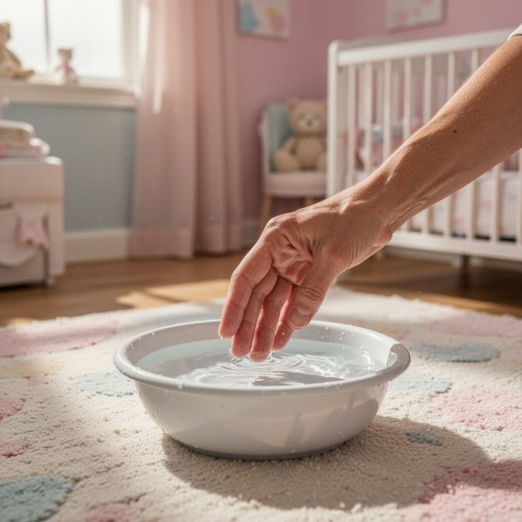Parent's hand gently touches water surface in small white basin in cozy nursery.