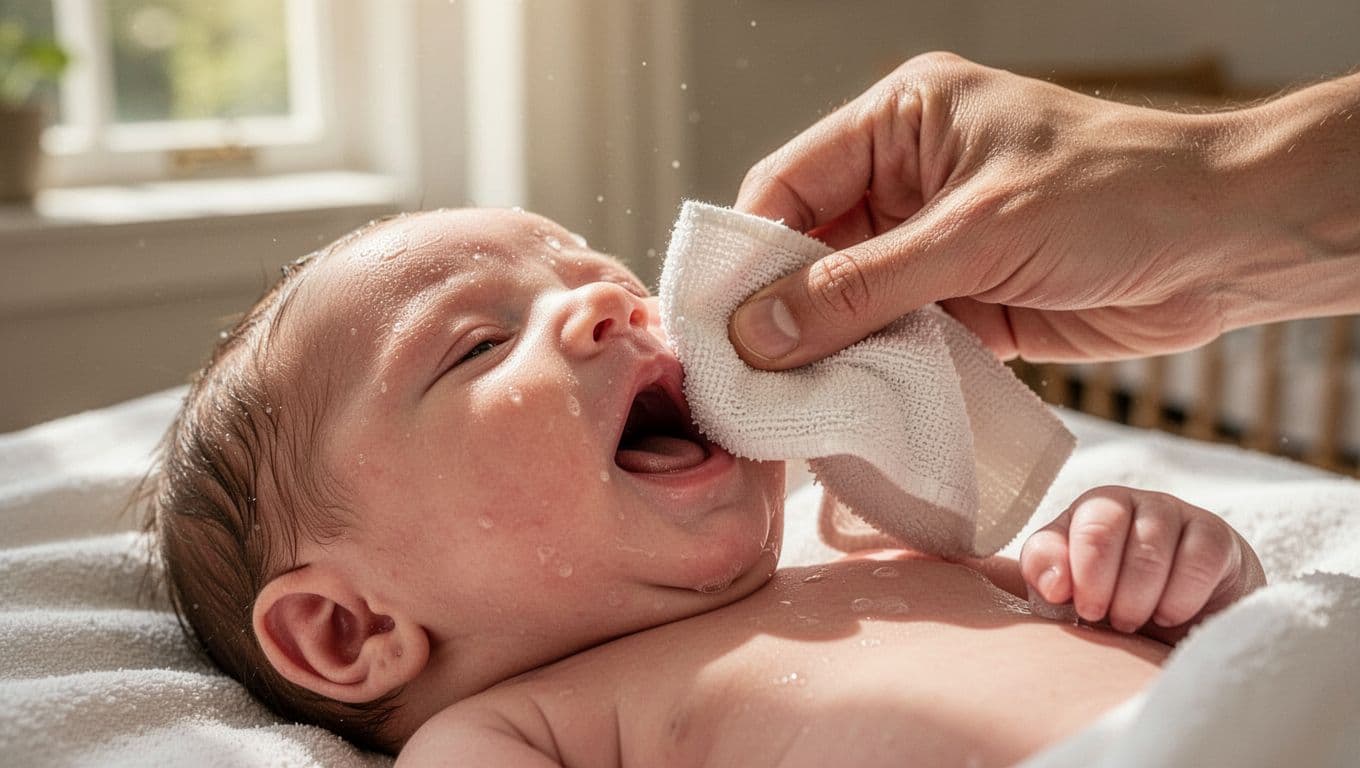 Parent's hand wipes calm newborn baby's open mouth and tongue with soft damp cloth.