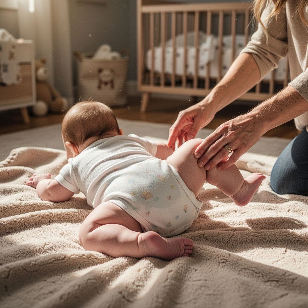 Close-up of parent's hands gently moving baby's legs in bicycle motion on a soft nursery blanket.