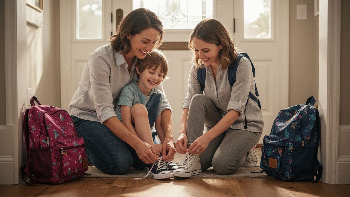 Parent kneels to tie smiling child's shoelaces in home entryway with backpacks and morning window light.