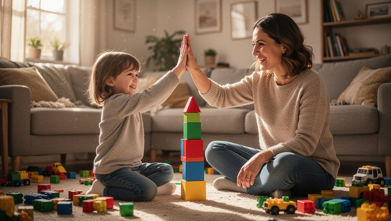 Parent high-fives proud young child beside block tower in cozy living room with scattered toys.