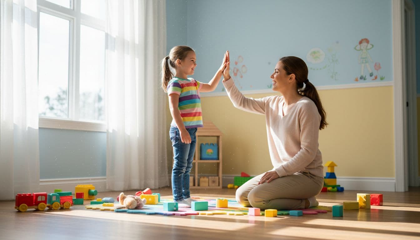 A parent high-fives their proud child in a bright playroom, celebrating the child's effort in calming down amidst scattered toys under natural daylight.