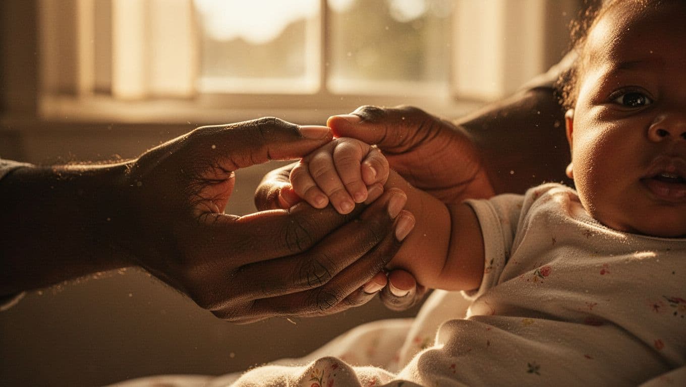 A close-up view captures a gentle adult hand holding a tiny, soft baby palm. Golden hour sunlight streams through the background, highlighting the delicate skin textures and creating deep, warm shadows.