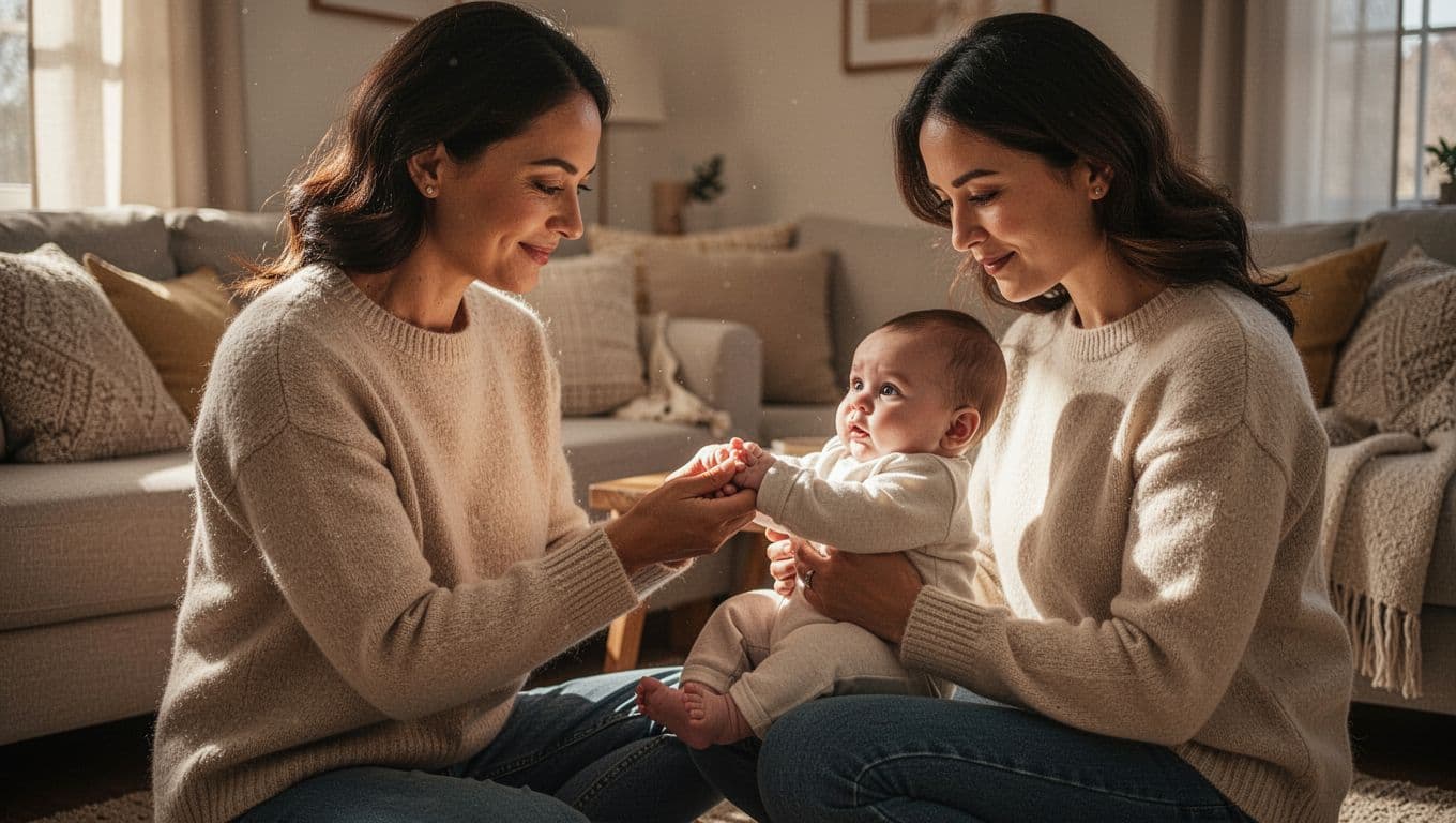 A close-up shot focuses on the gentle touch between a parent and their infant in a dimly lit living room. Warm golden light highlights their interlaced fingers against soft shadows.