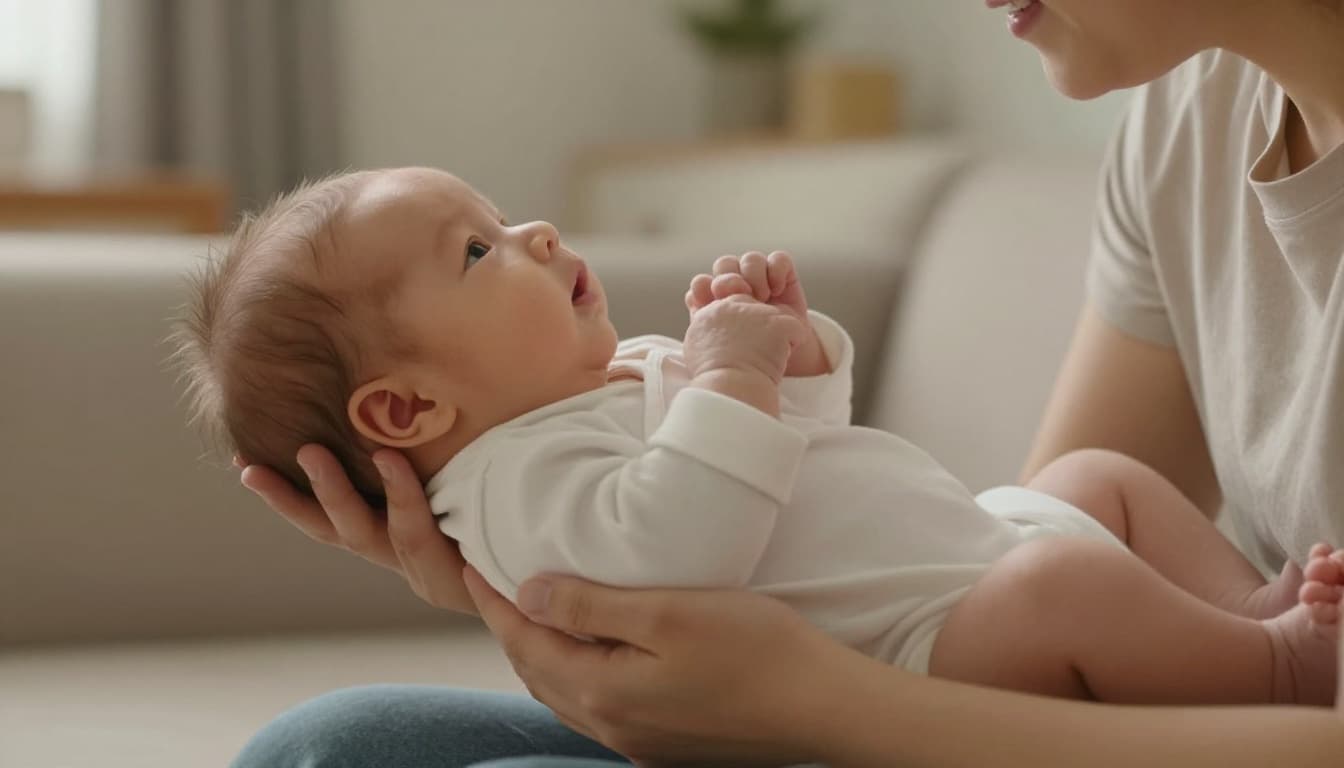 A parent gently holds a newborn baby upright against their shoulder in a cozy living room.