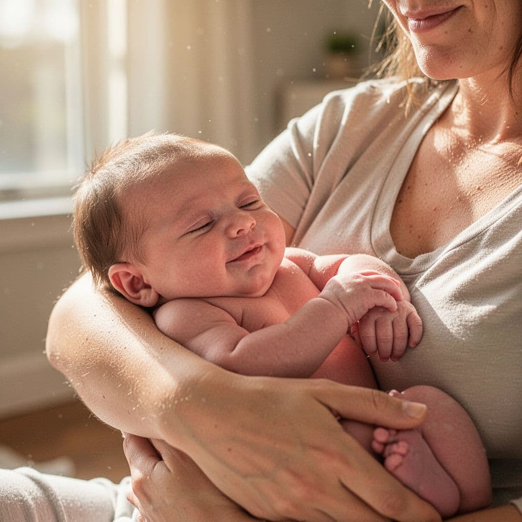 Close-up of parent's arm cradling newborn's soft skin in sunlit room.