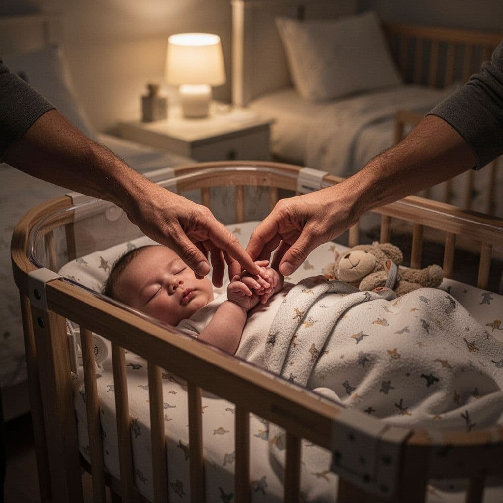 A parent gently holds their baby's hand while the infant sleeps in a bedside bassinet.