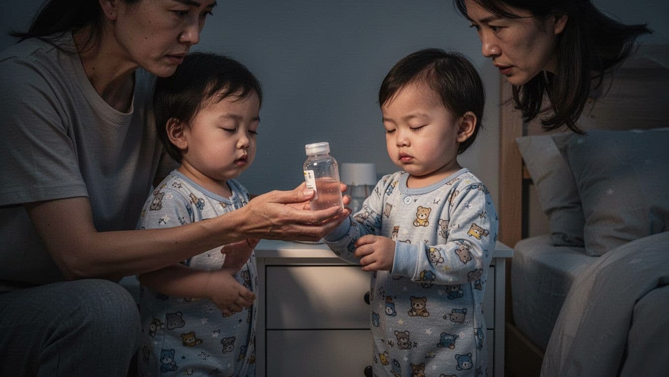 Concerned parent holds cough medicine bottle away from toddler in pajamas beside nightstand in bedroom at night.